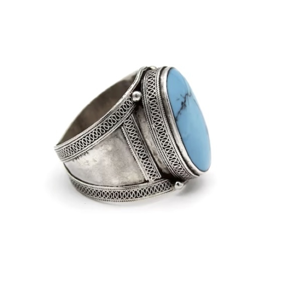 Turkoman Silver Ring Ethnic Tribal Hand Made Ring Blue 10.5​​​